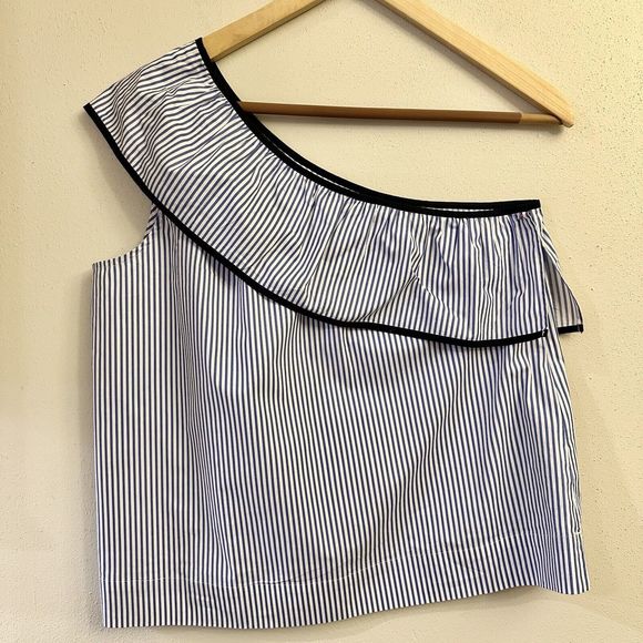 J. Crew Factory One Shoulder Top Stripe J0838 $54.50 Cotton Blend Blue White, 8 - Picture 1 of 13